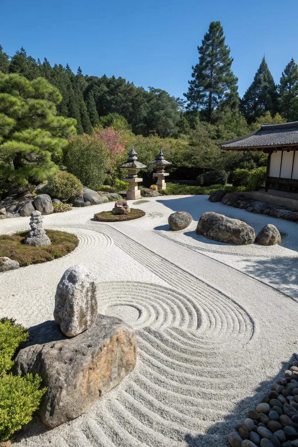Create a Zen-inspired garden with raked pebble patterns for tranquility.