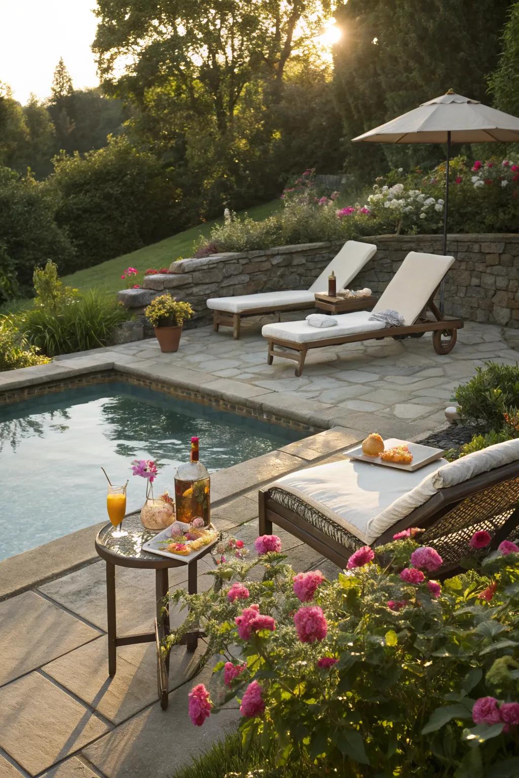 A tanning ledge offering a relaxing space in a small pool.