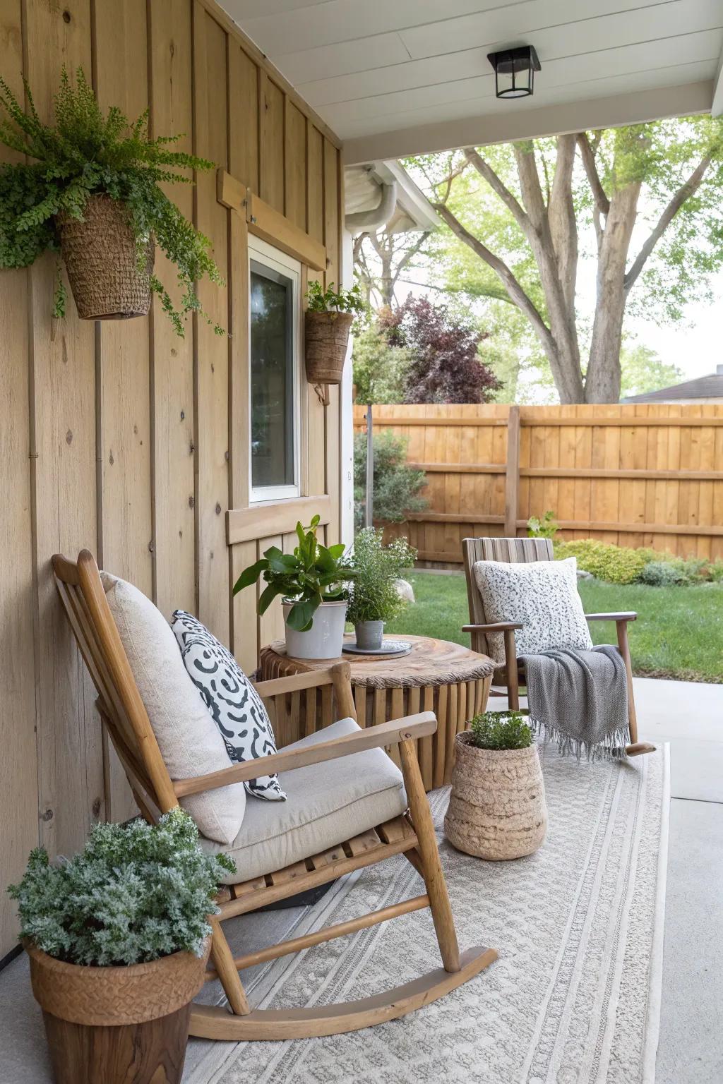 Neutral tones create a calm and inviting porch atmosphere.