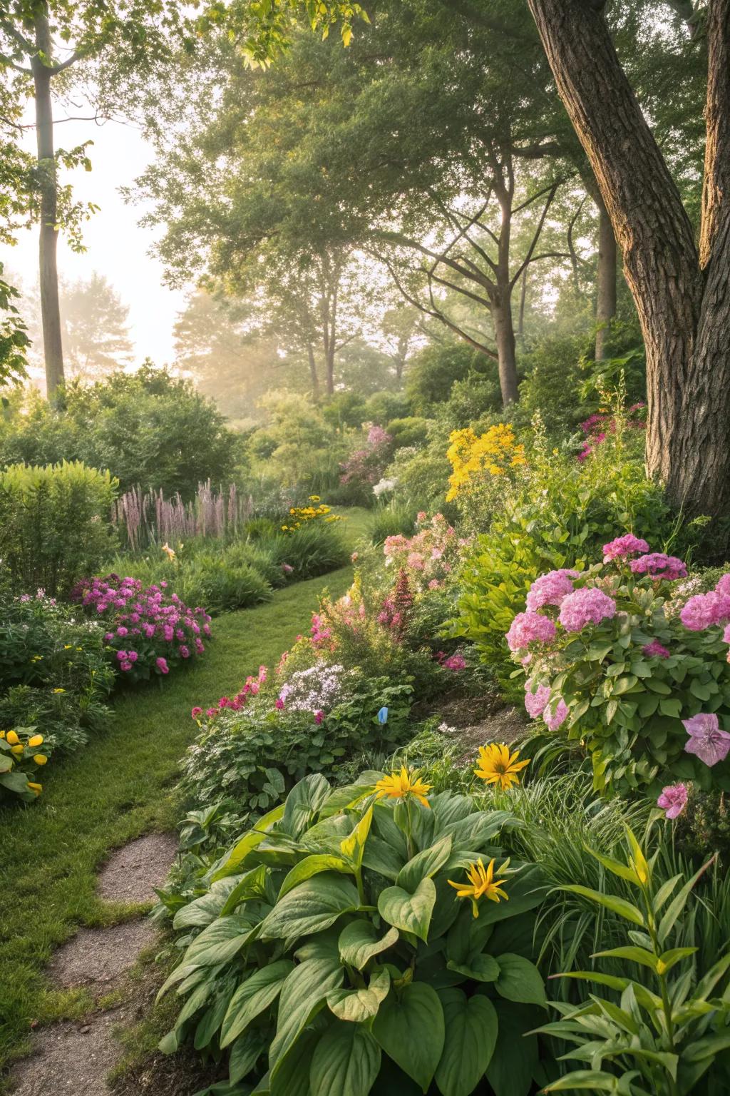 Lush greenery and flowers create a peaceful retreat.