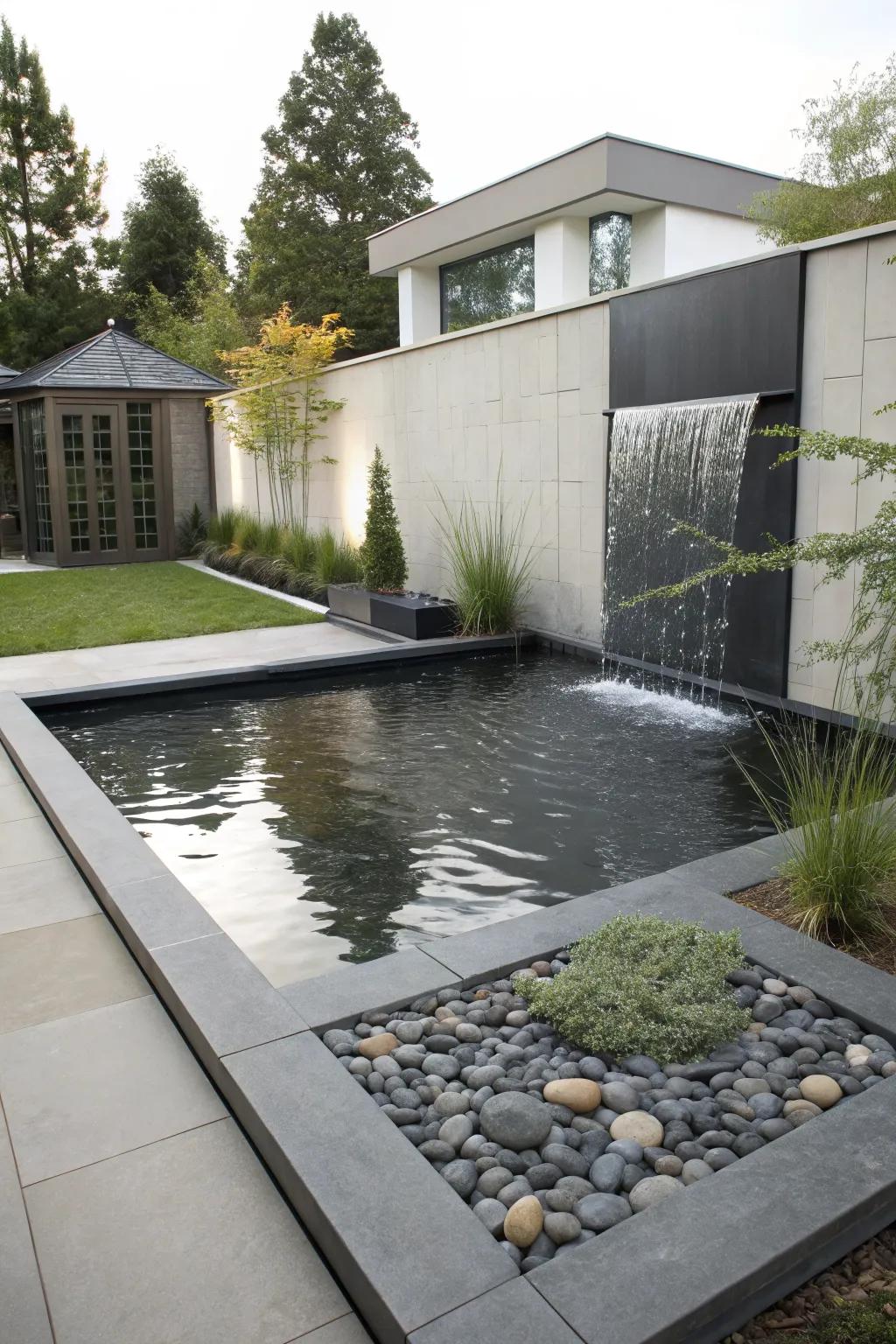 A striking water wall adds drama and tranquility to this garden pond.