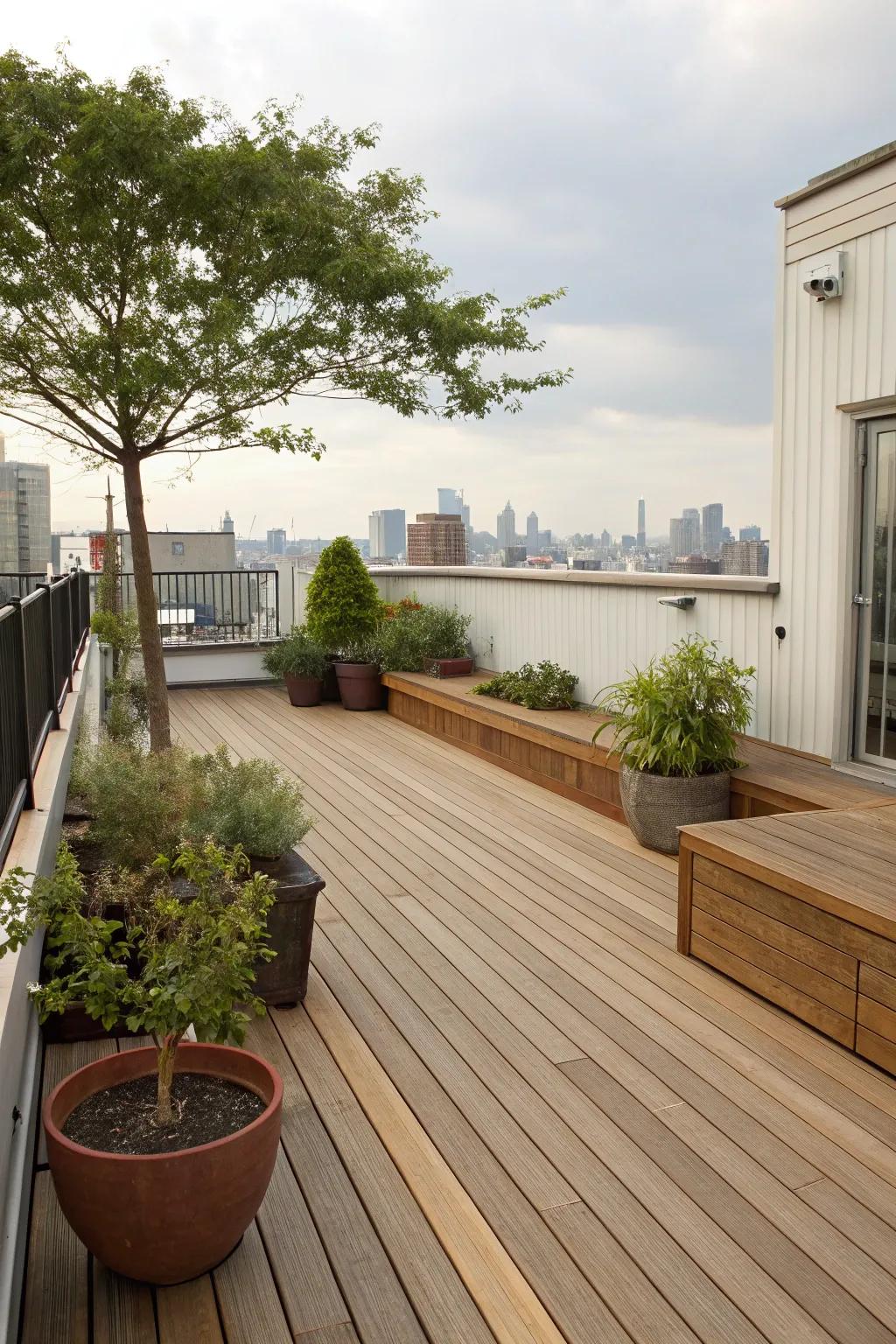 Wooden decking brings a touch of nature to your rooftop.