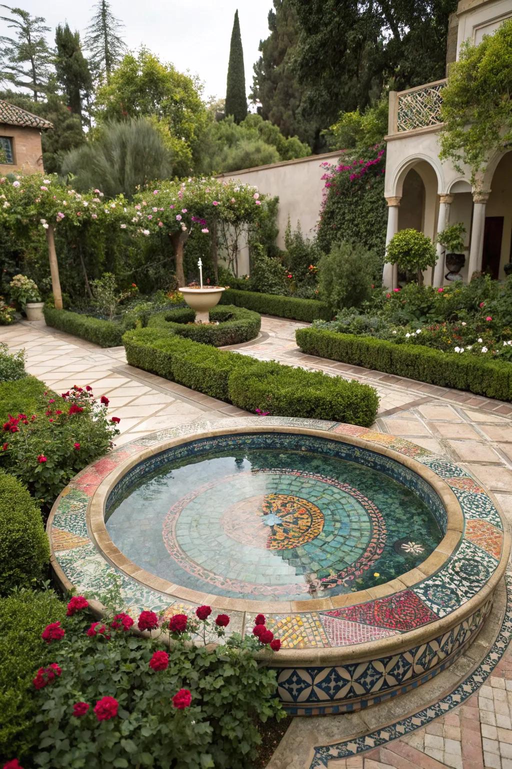 Bold mosaic tiles add vibrant character to your pool.