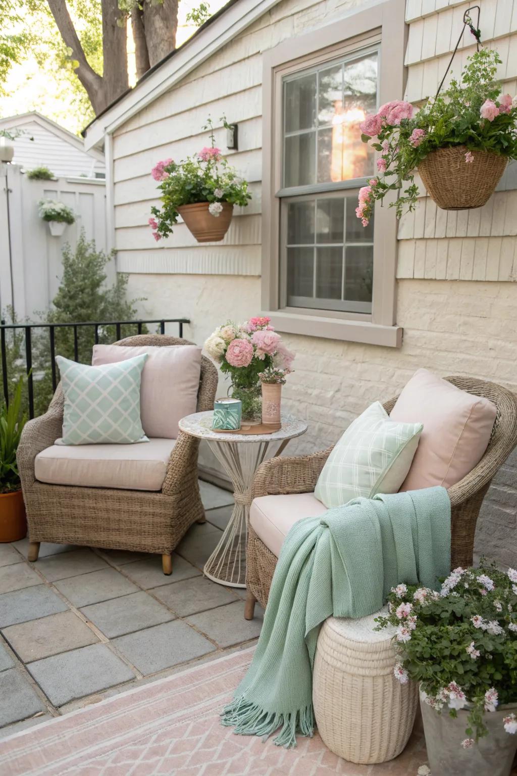 Serene neutral and pastel colors enhancing a small patio.