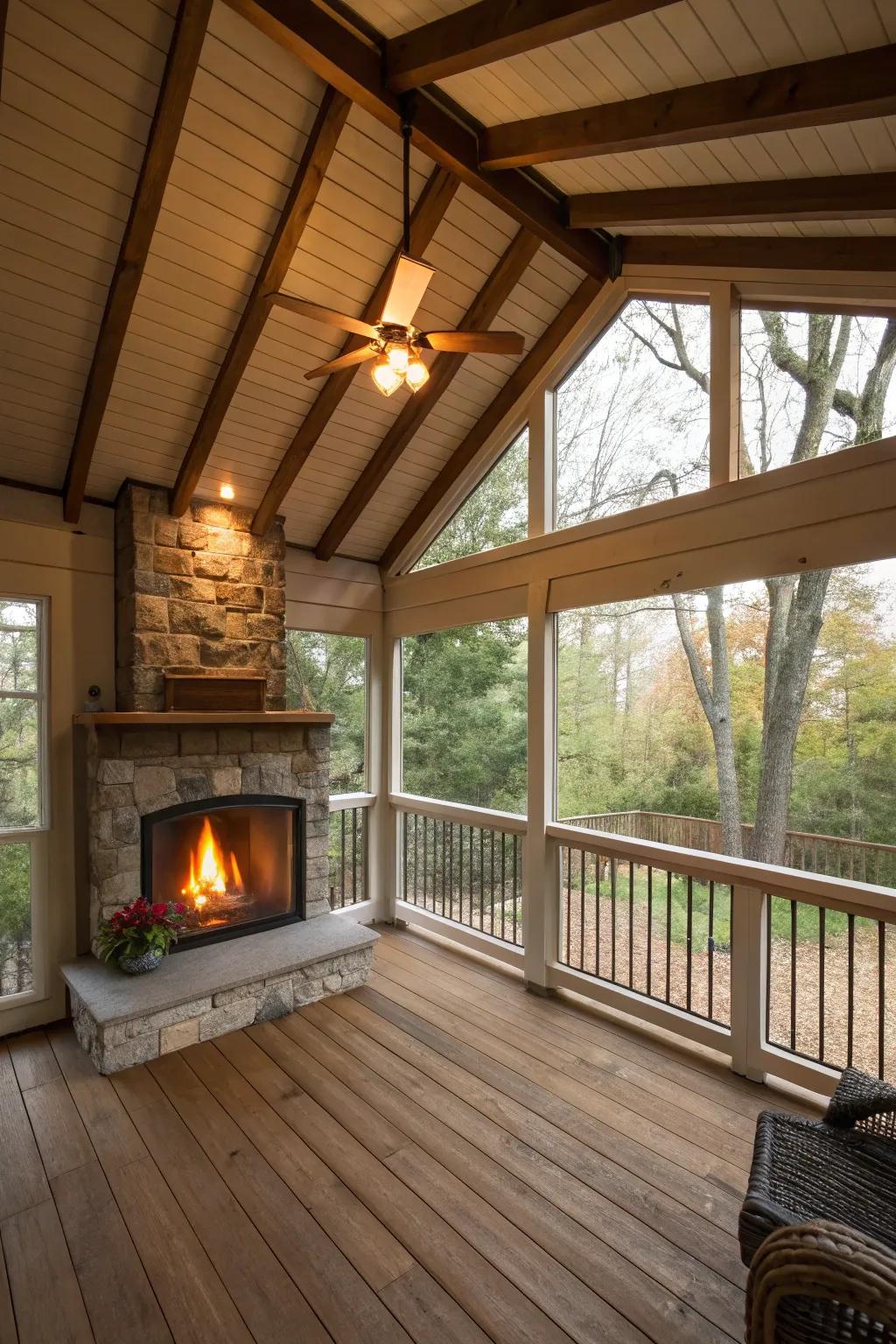 Exposed ceiling beams add a rustic charm to this cozy porch.