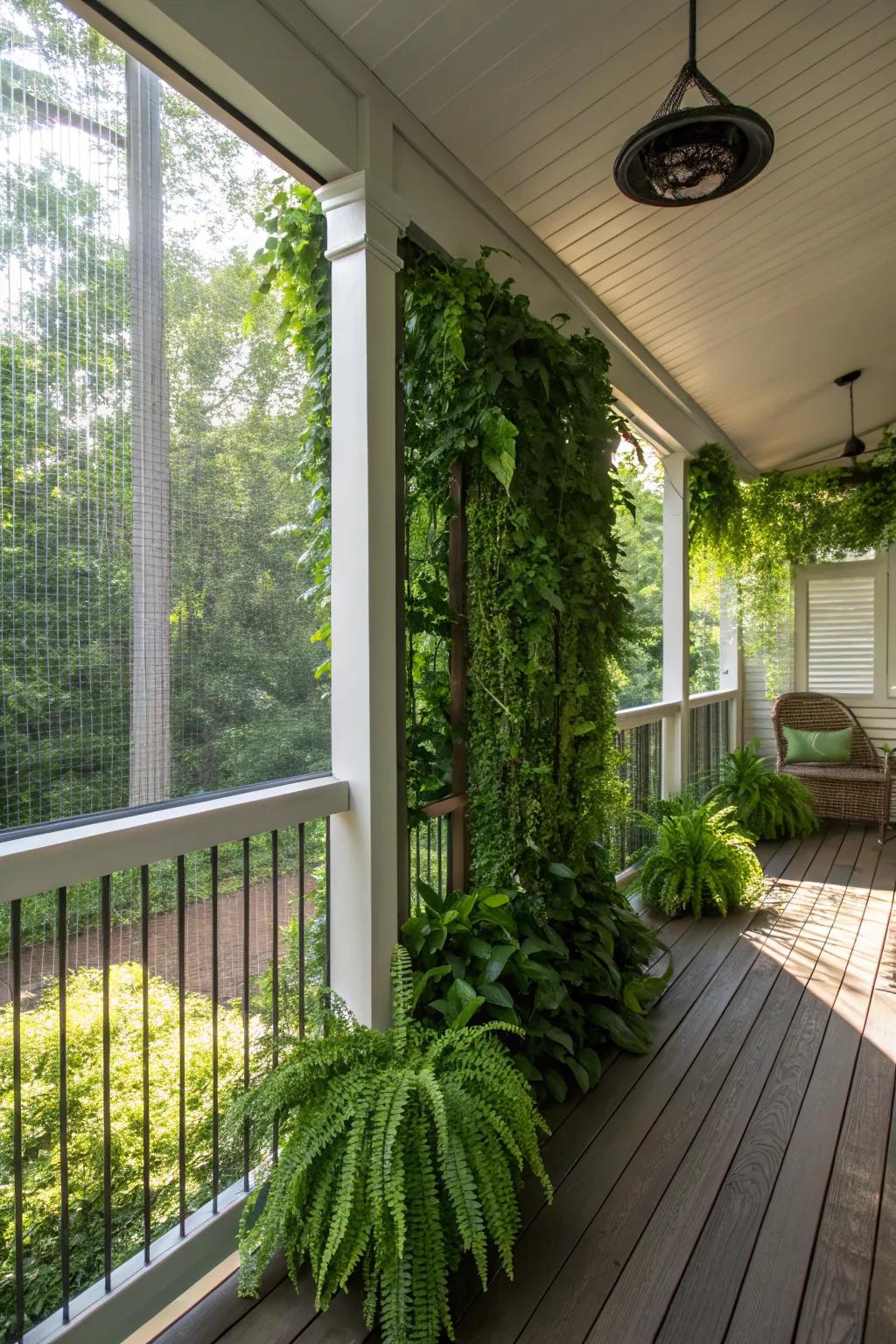 A vertical plant wall enhances a small porch with natural beauty.