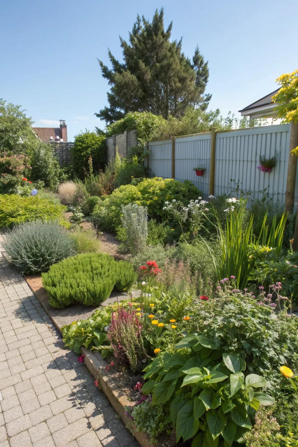 Mixed planting adds depth and interest to small garden spaces.