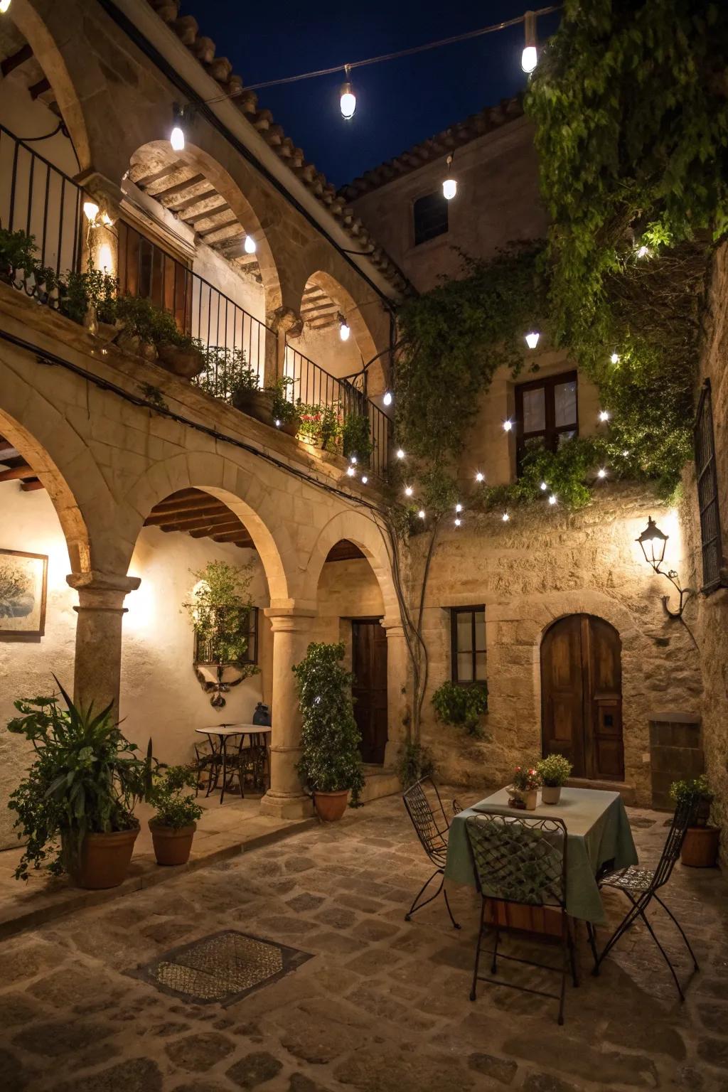 Ambient lighting transforms your courtyard at night.