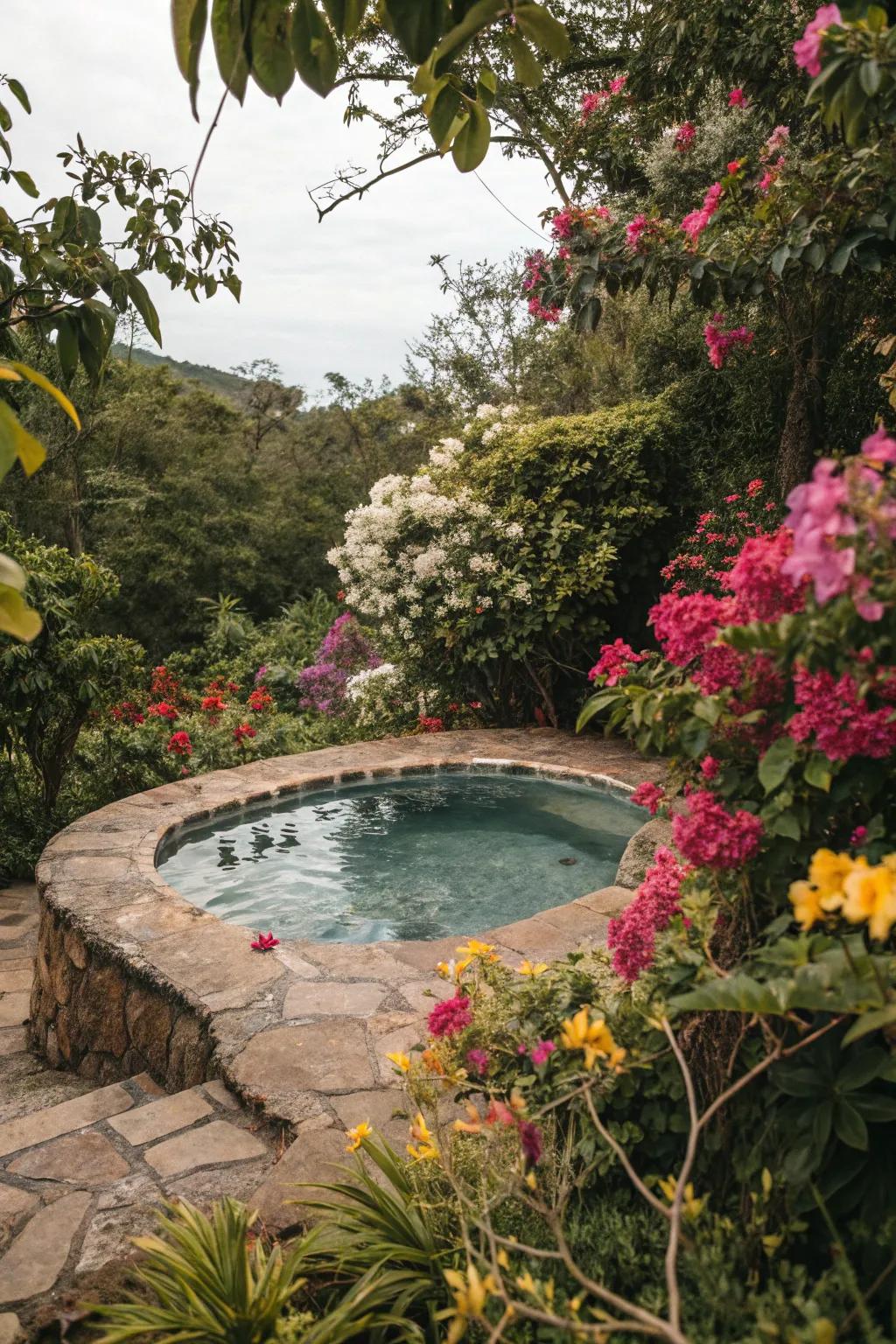 Greenery enhances the inviting atmosphere of splash pools.
