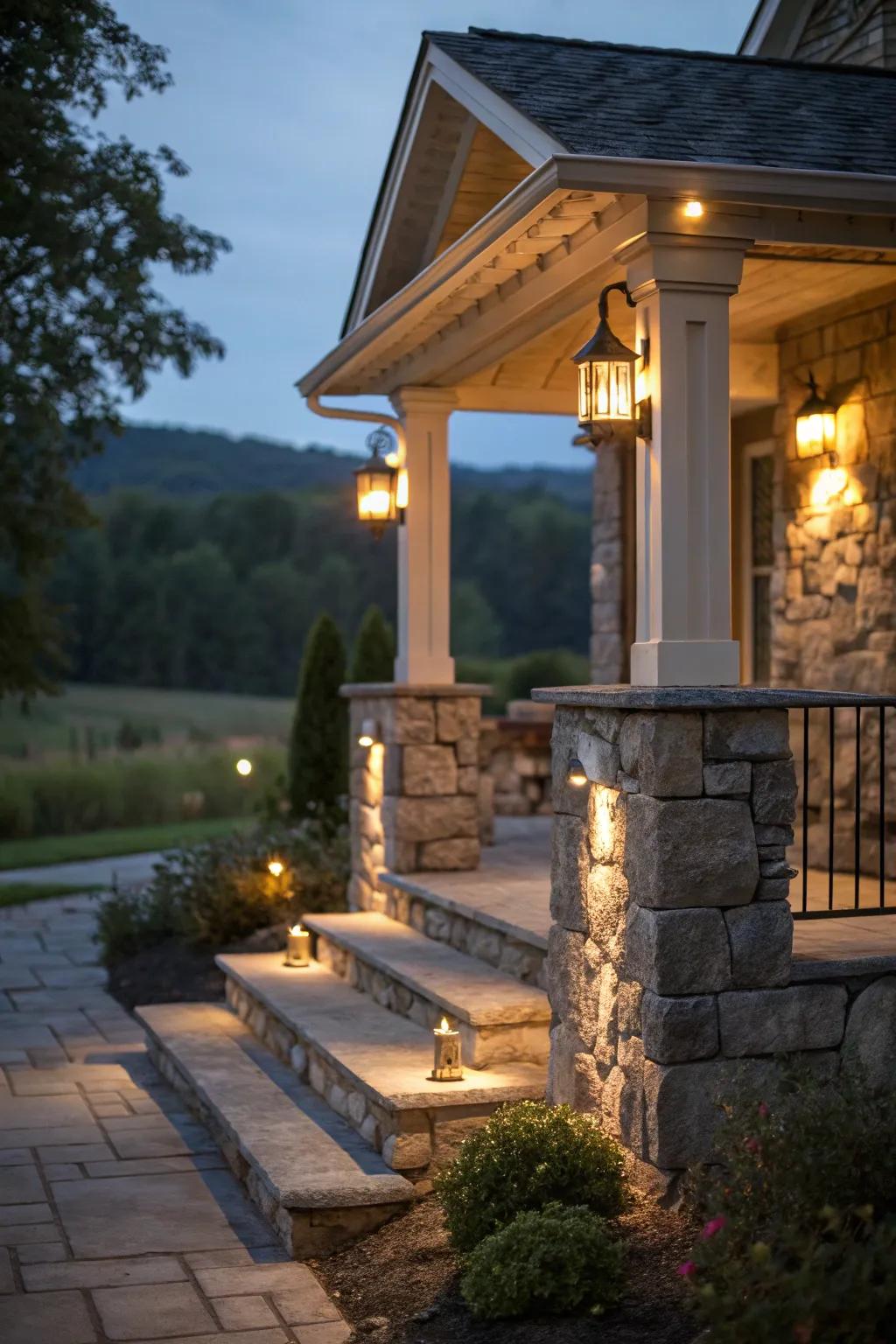 Ambient lighting enhances the small stone porch's warmth and allure.