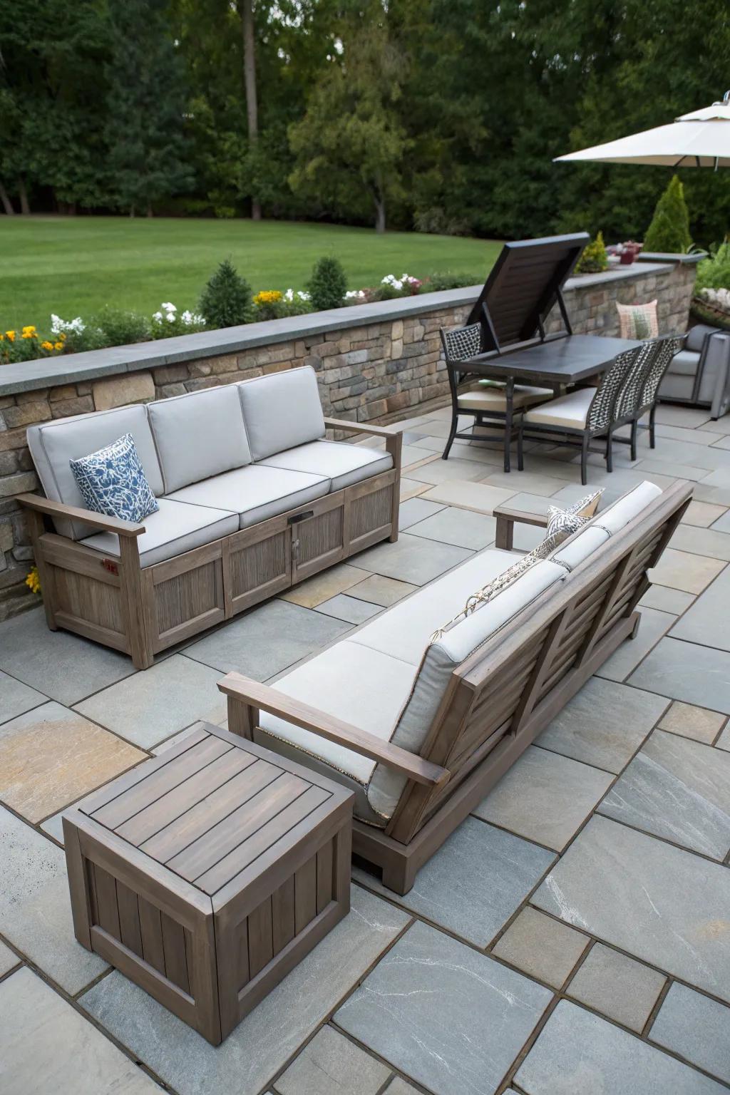 Functional furniture keeps the patio neat and versatile.