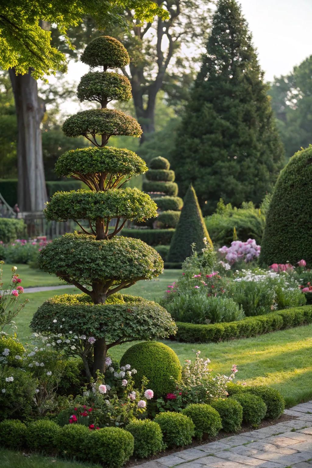 Tiered topiary adds vertical interest to a garden.