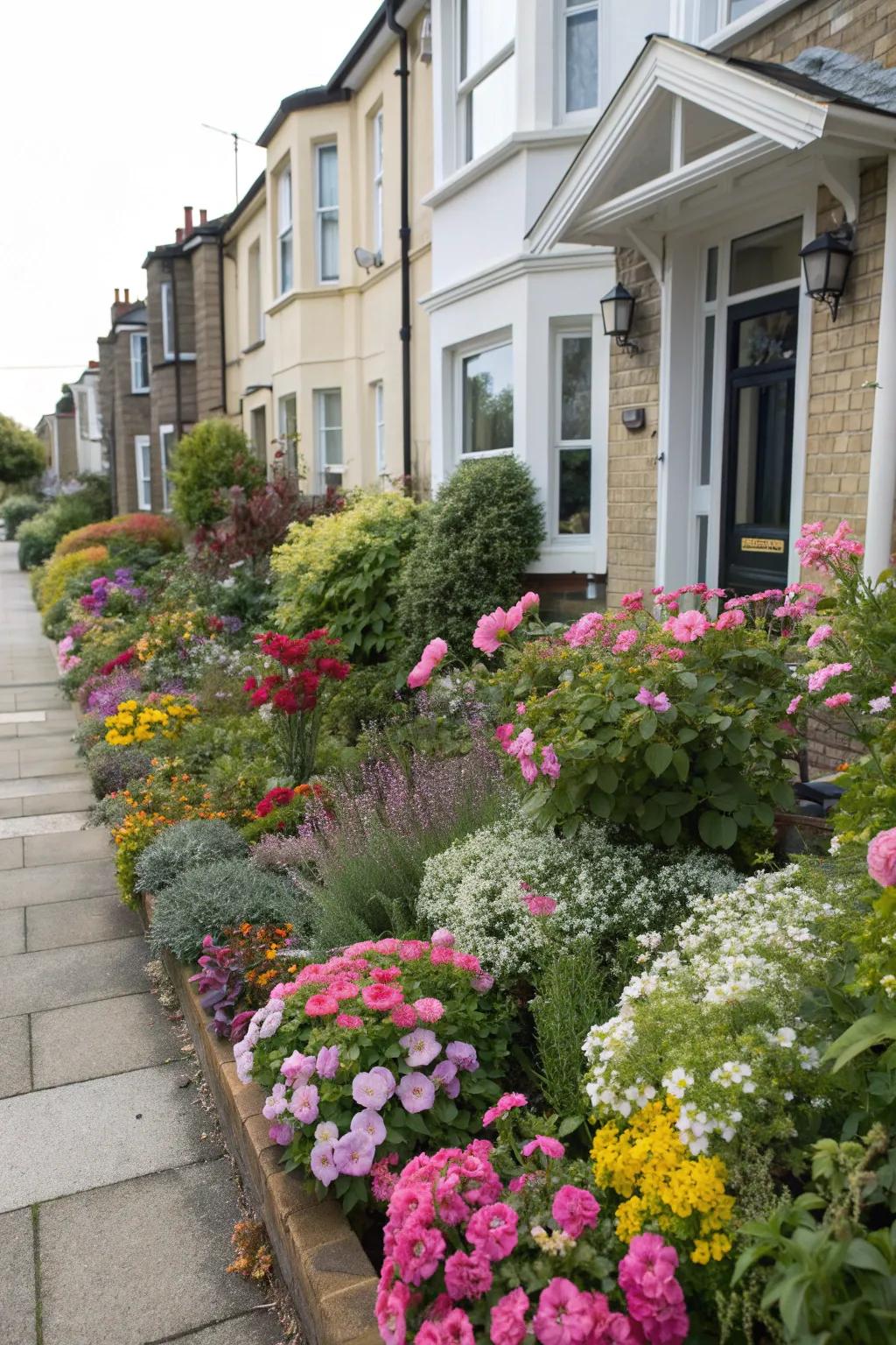 A townhouse front garden bursting with vibrant seasonal blooms.