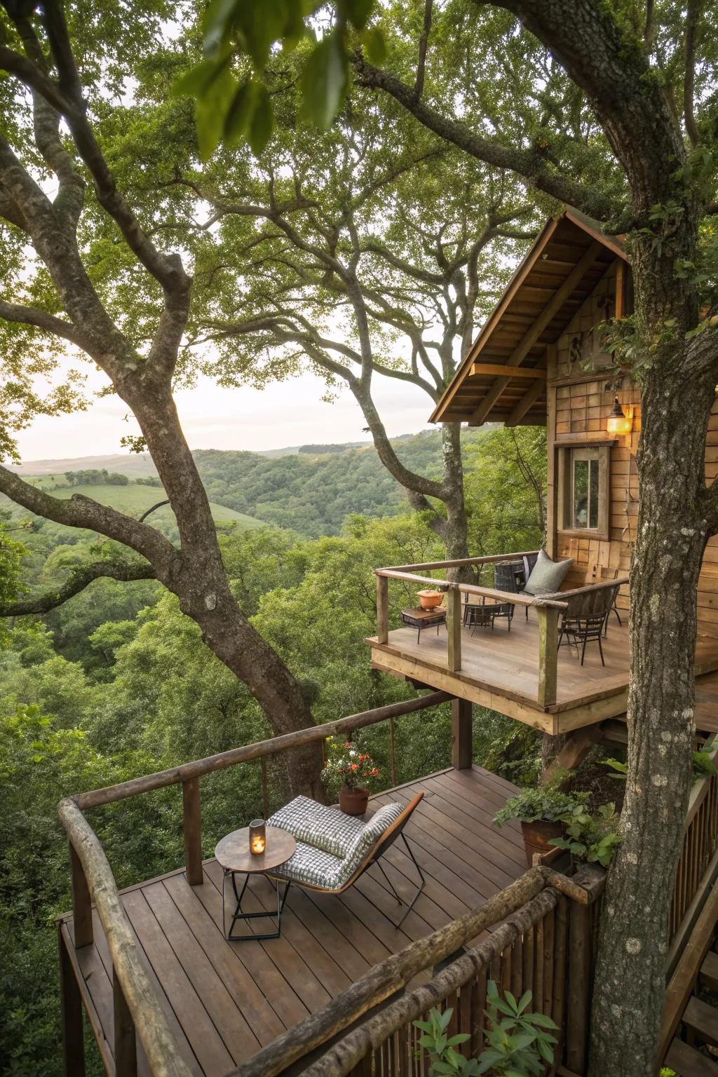 A tree house with an outdoor deck, perfect for relaxing and enjoying the natural surroundings.