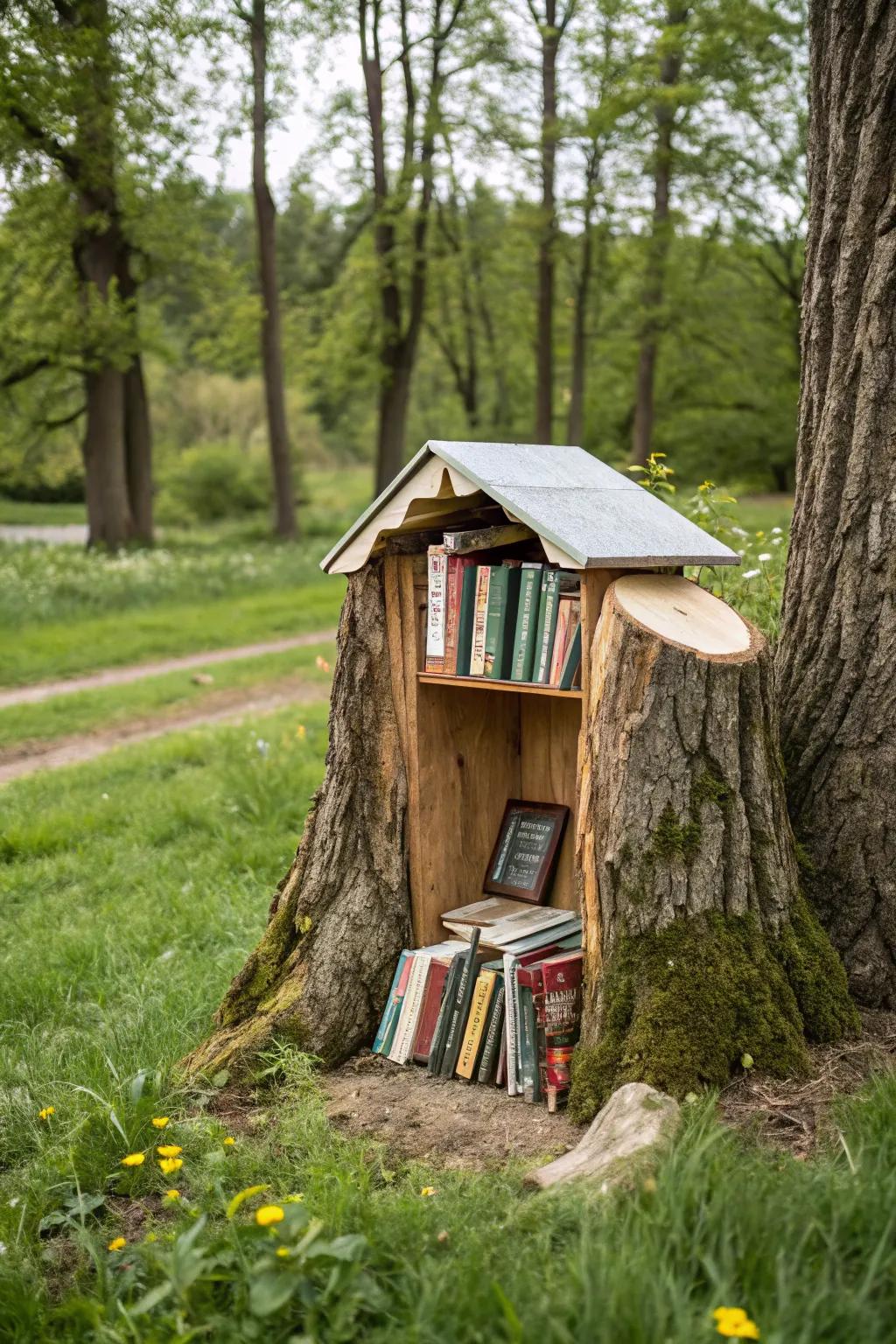 A mini outdoor library crafted from a small tree stump.