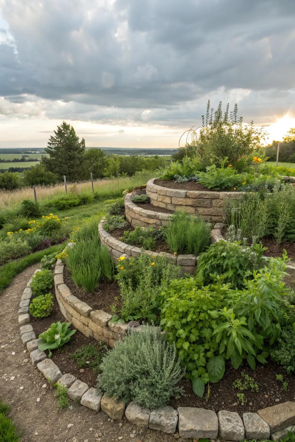 Herb spirals are both functional and decorative, perfect for small spaces.
