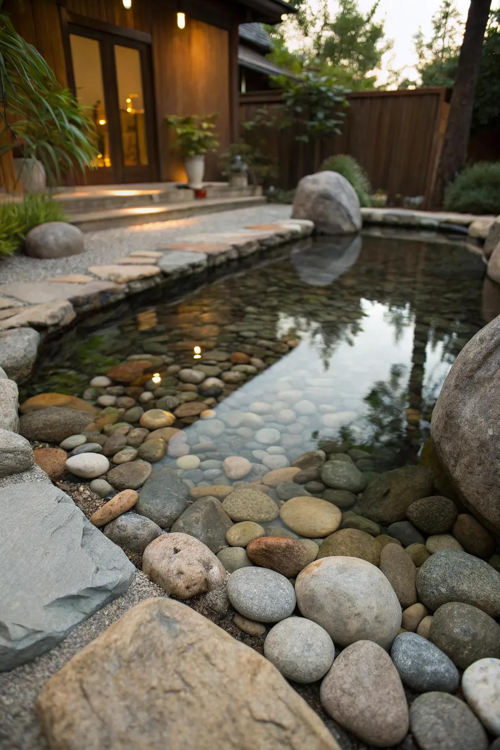A pebble pond offering a textured and calming garden feature.