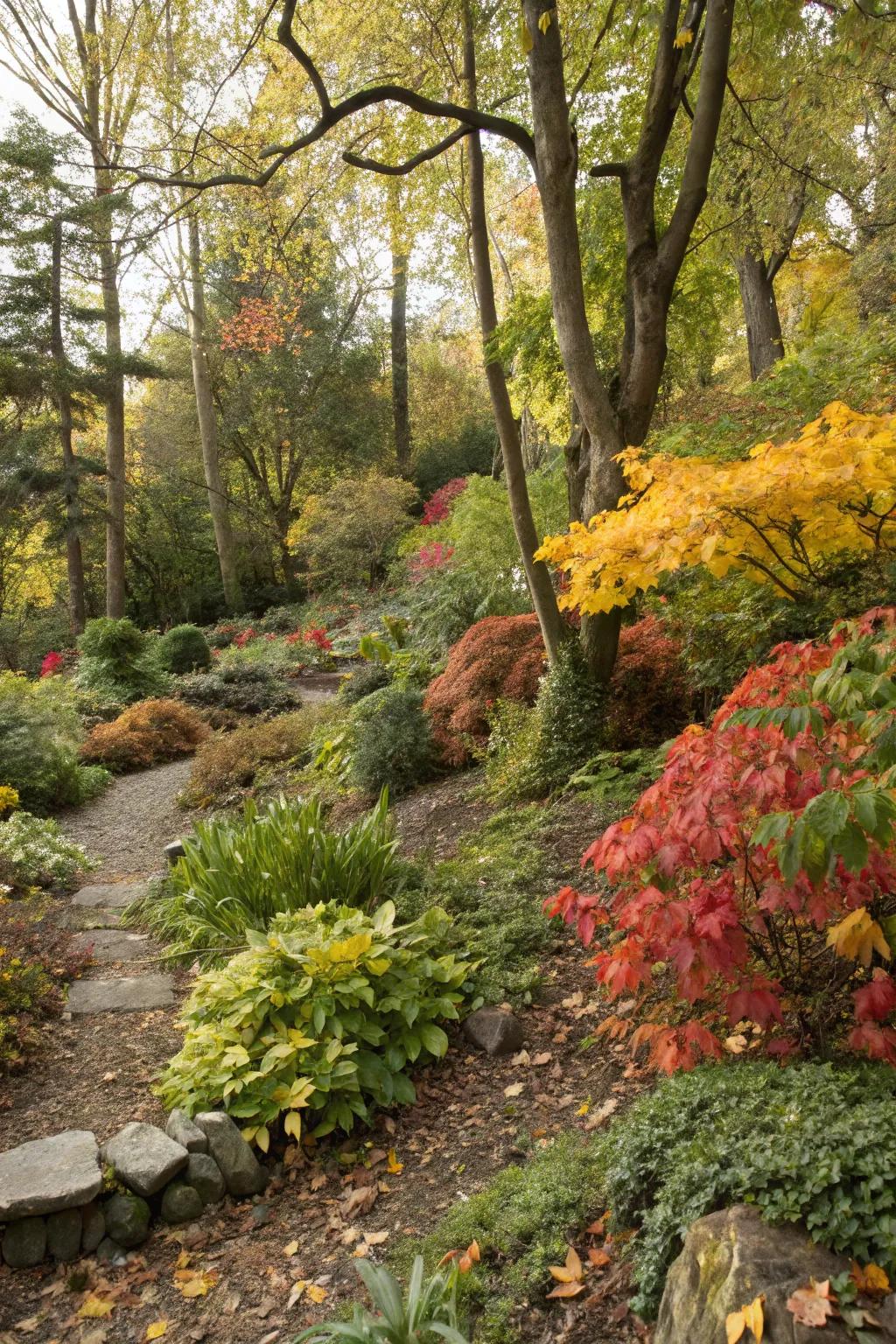 Seasonal plants add year-round interest to the woodland garden.
