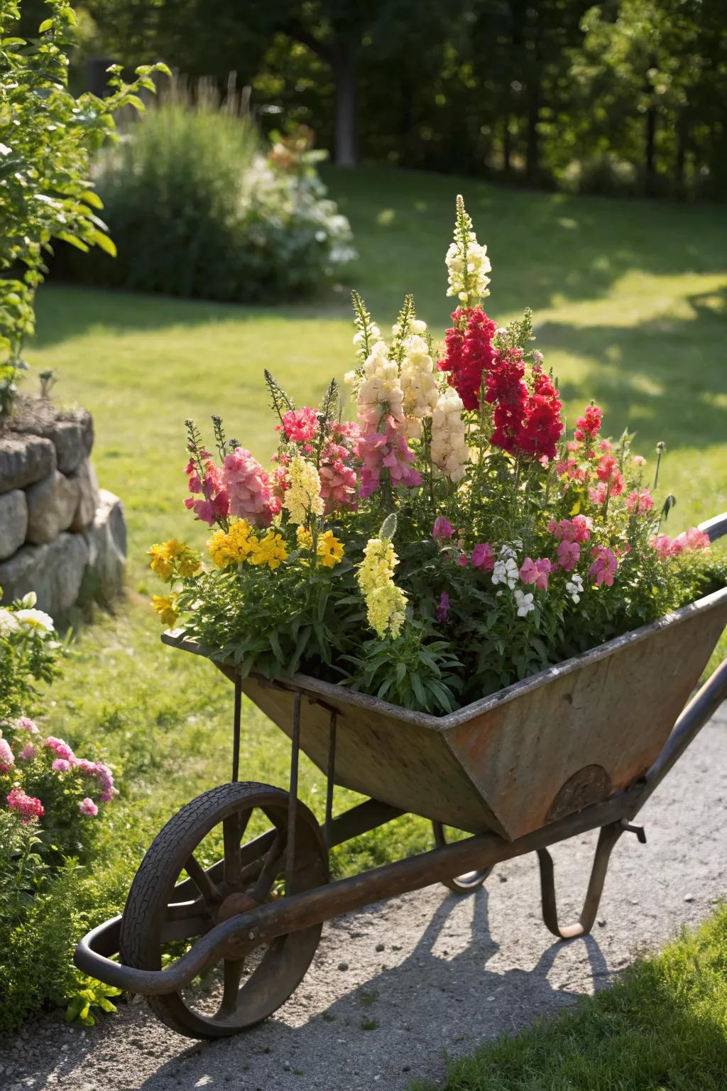 A whimsical wheelbarrow planter bursting with snapdragons, adding fun to any garden.
