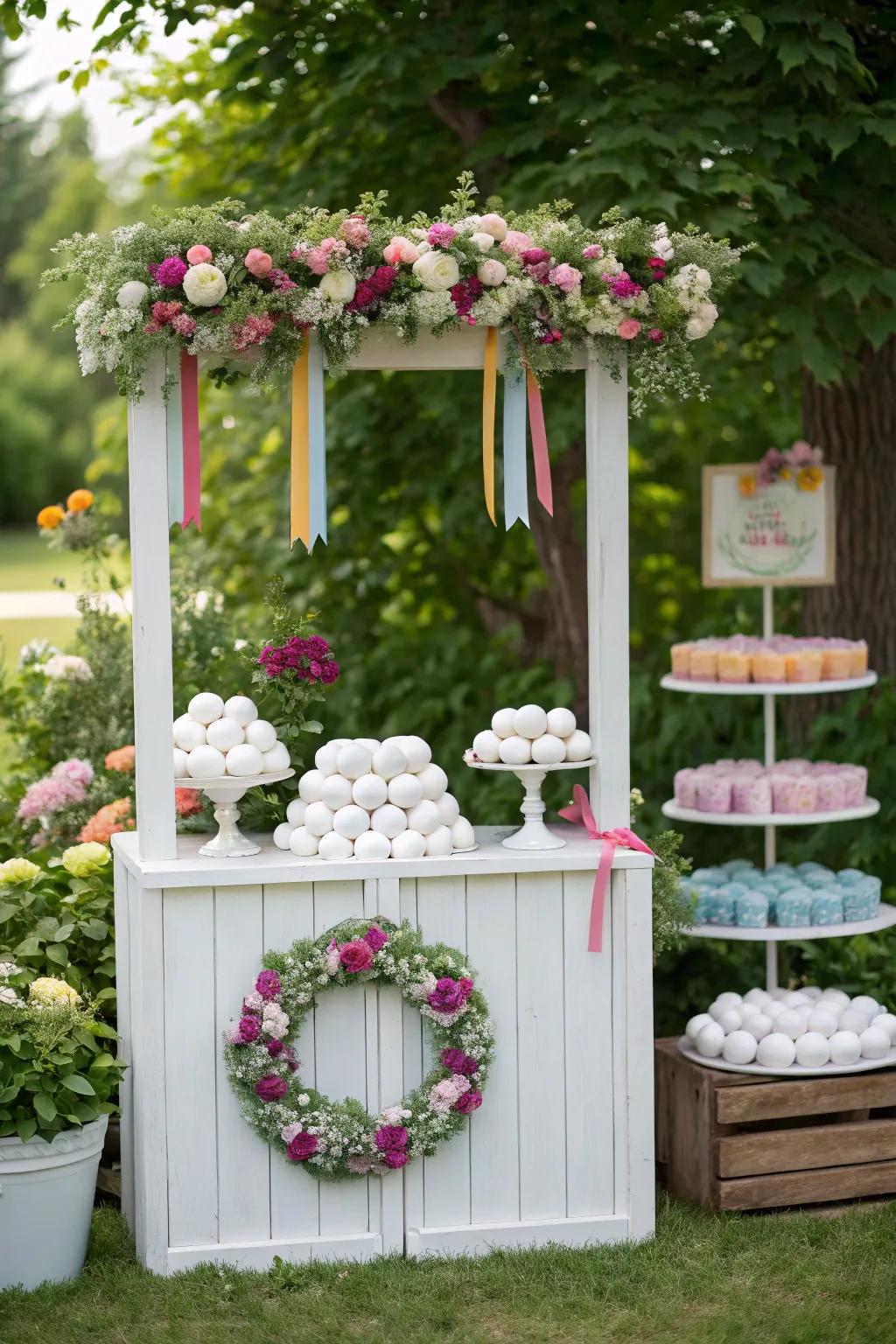 A garden party snowball stand surrounded by vibrant blooms.