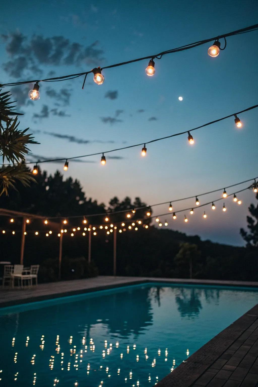 Solar string lights add a whimsical touch above the pool