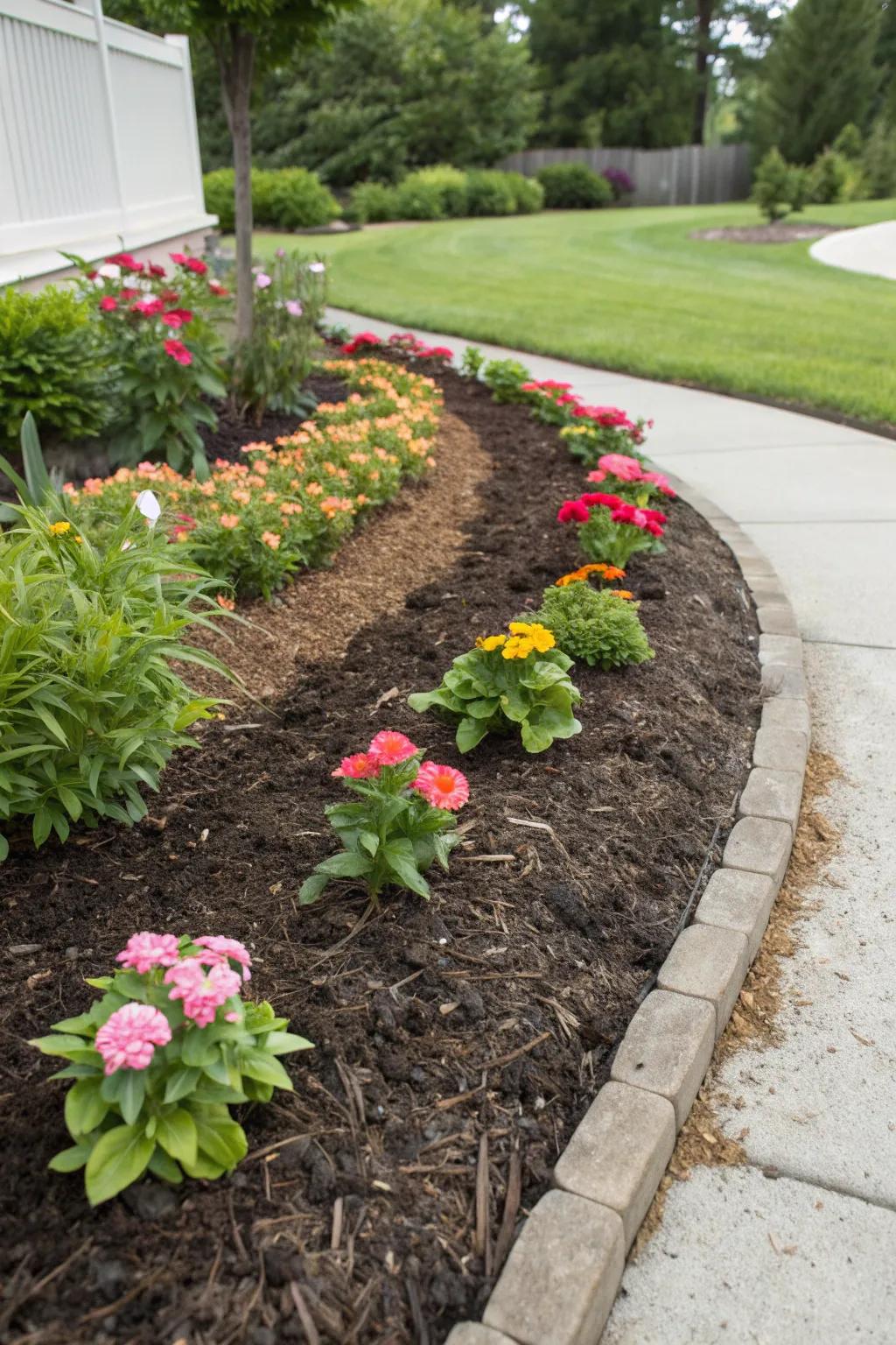 Organic mulch helps conserve moisture and reduce garden maintenance.