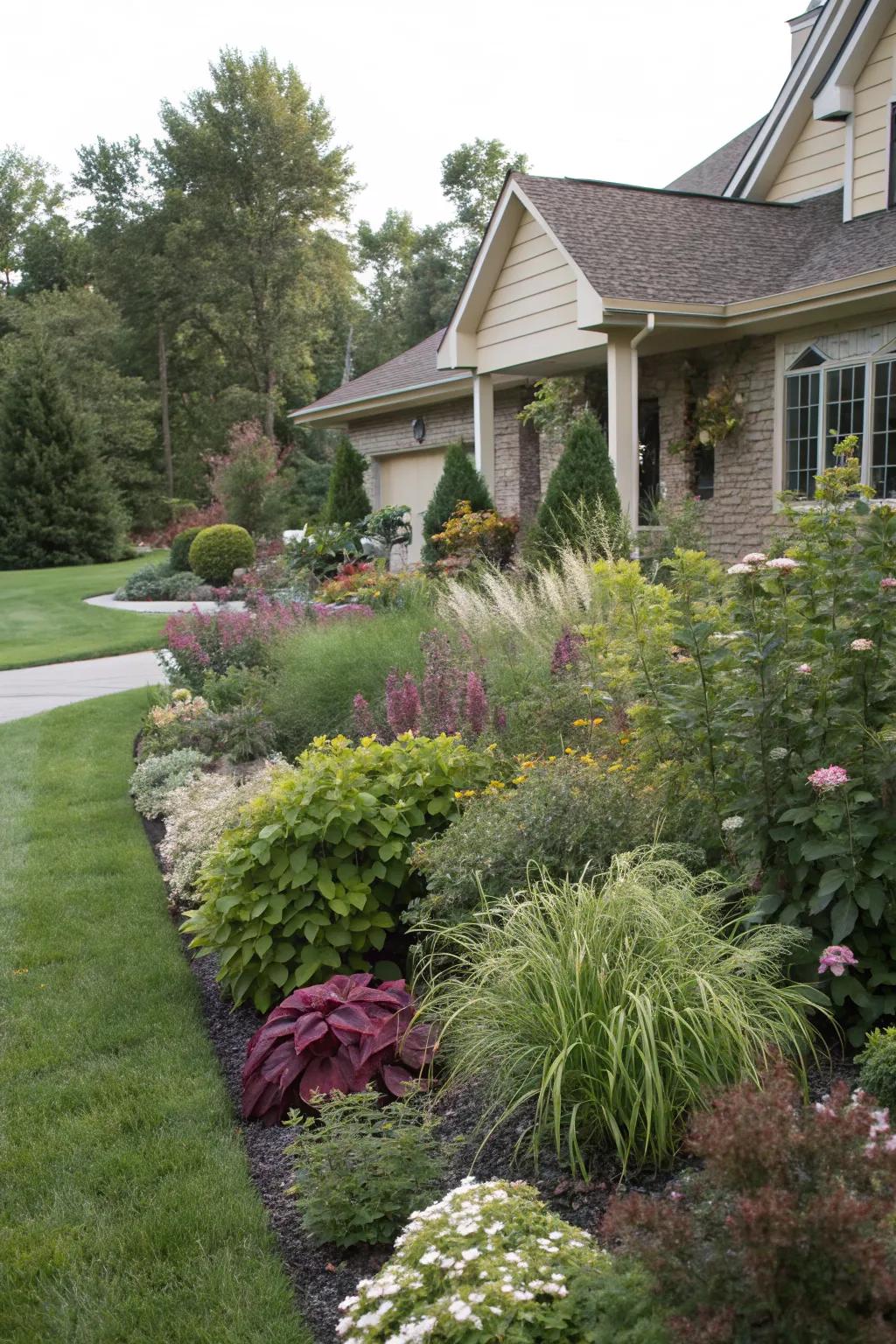 A front yard showcasing plants of varying heights for visual interest.