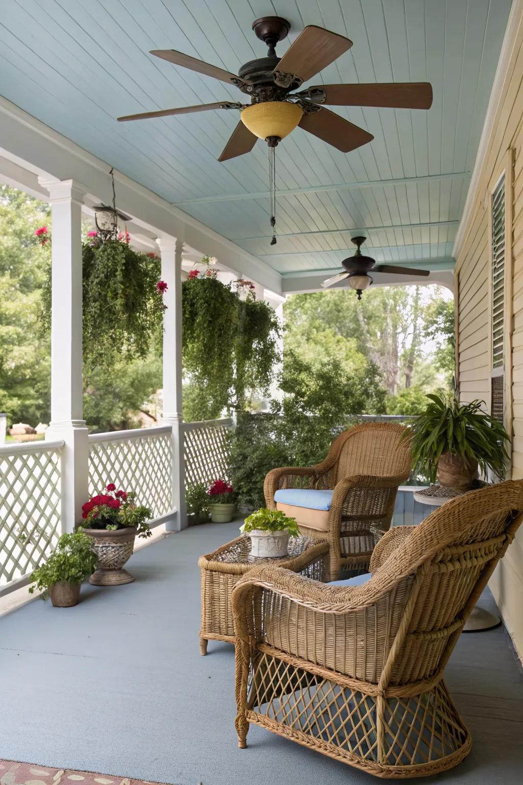 A ceiling fan on the porch ensures a refreshing breeze on warm days.