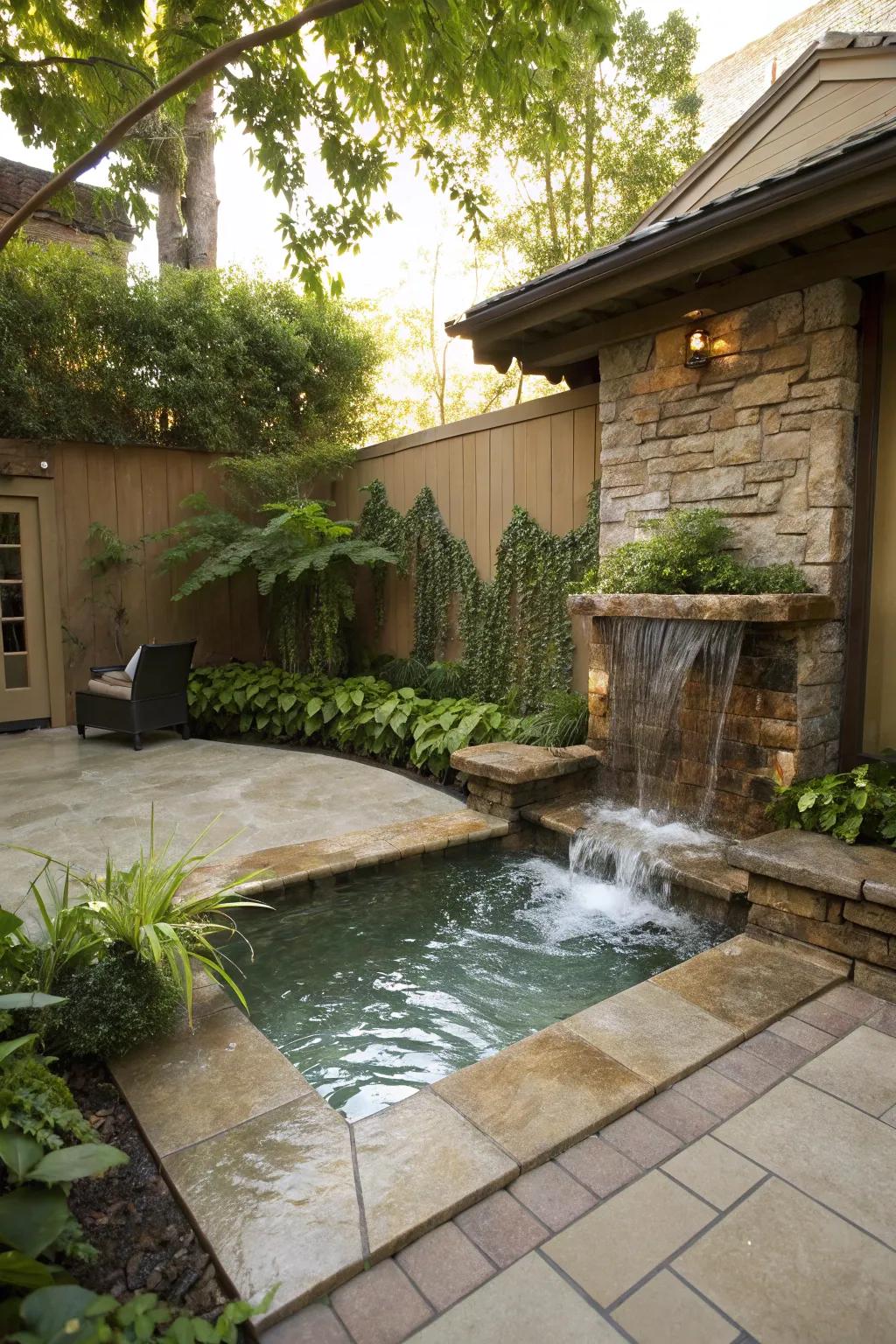 A waterfall adds soothing sounds to the spa landscape.