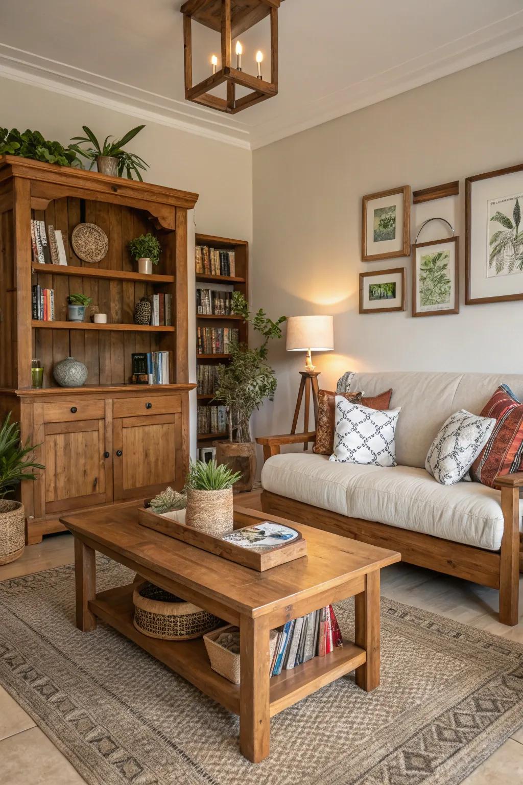 Wooden elements bring warmth and grounding to the space.