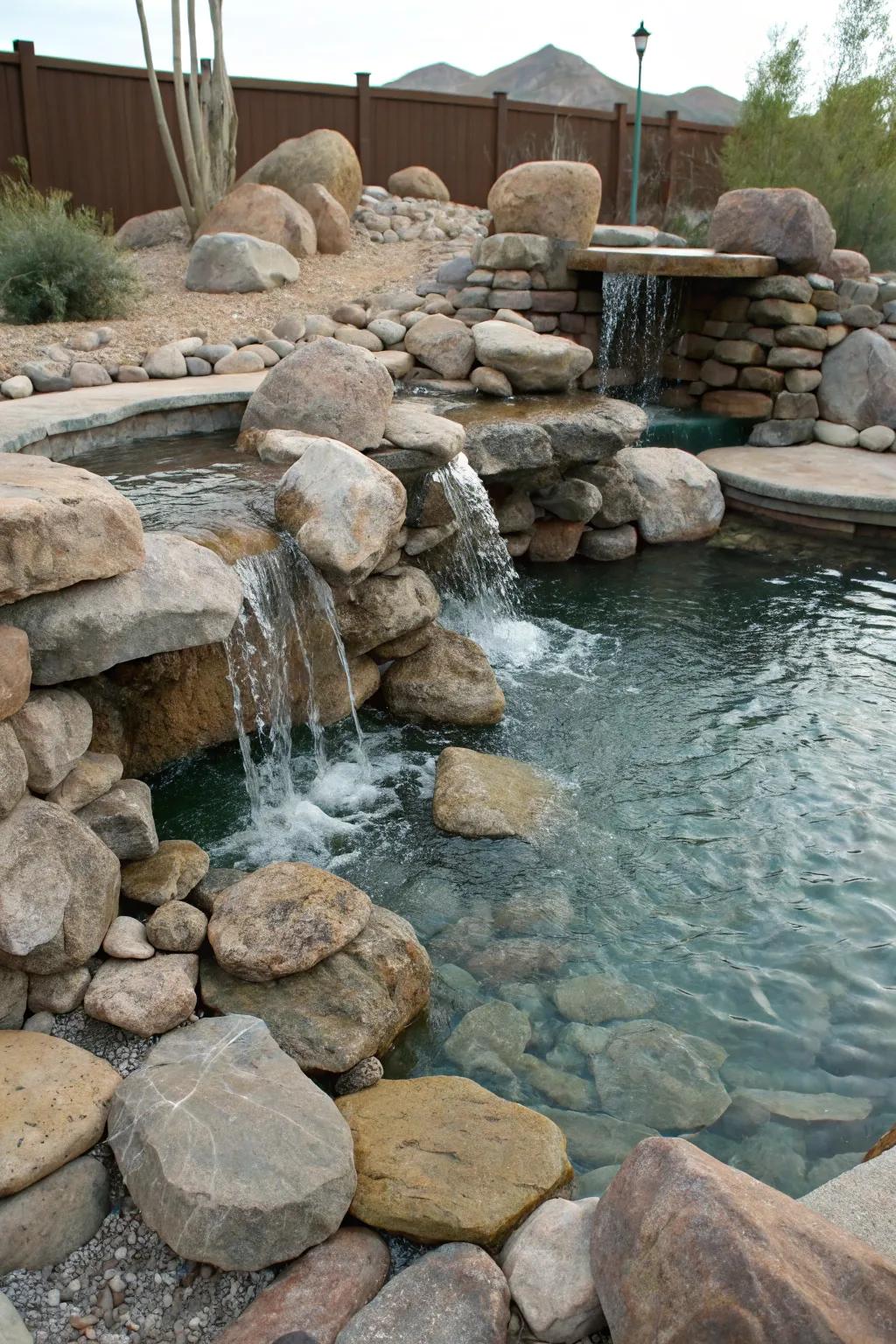 A rock-strewn spillway offers a natural, earthy charm.