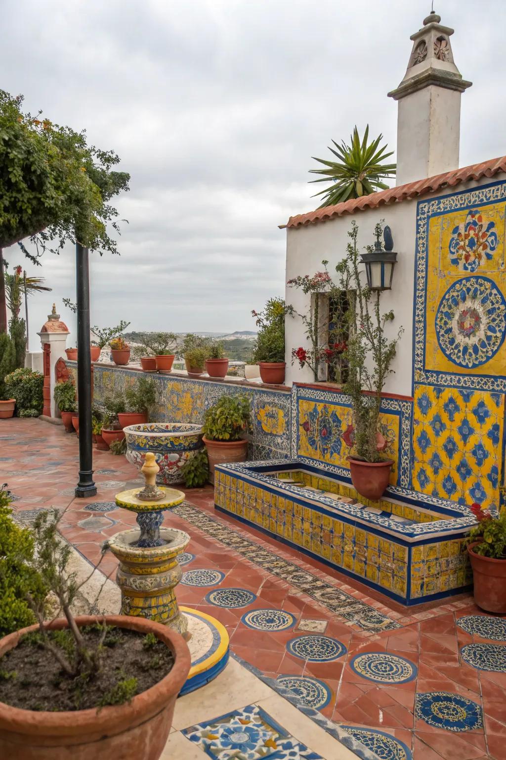 Colorful accents bring life and vibrancy to a courtyard.