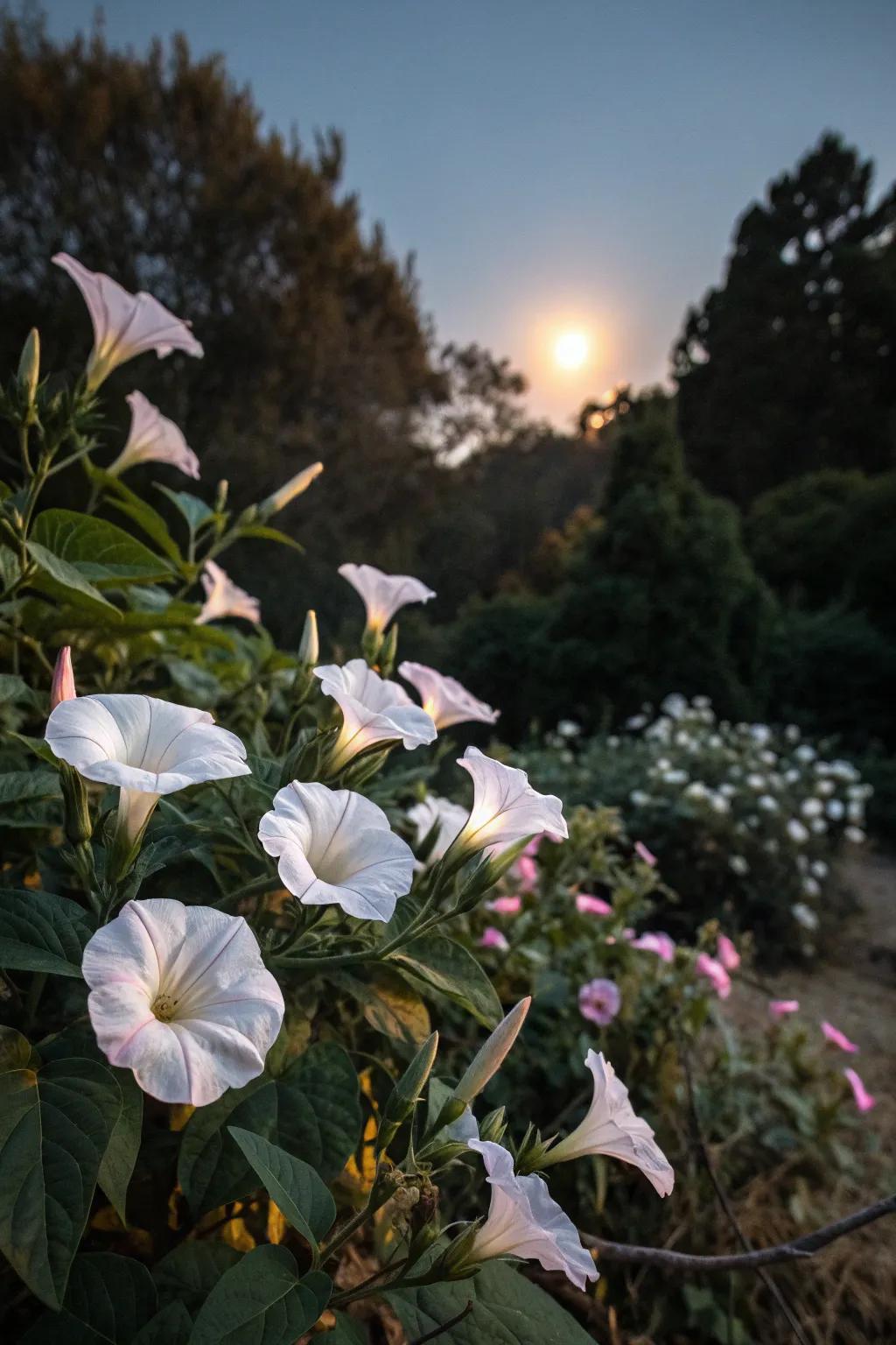 A moon garden with glowing night-blooming flowers.