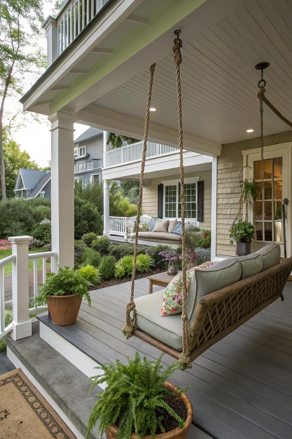 A porch swing adds a playful and relaxing touch to this home's entrance.