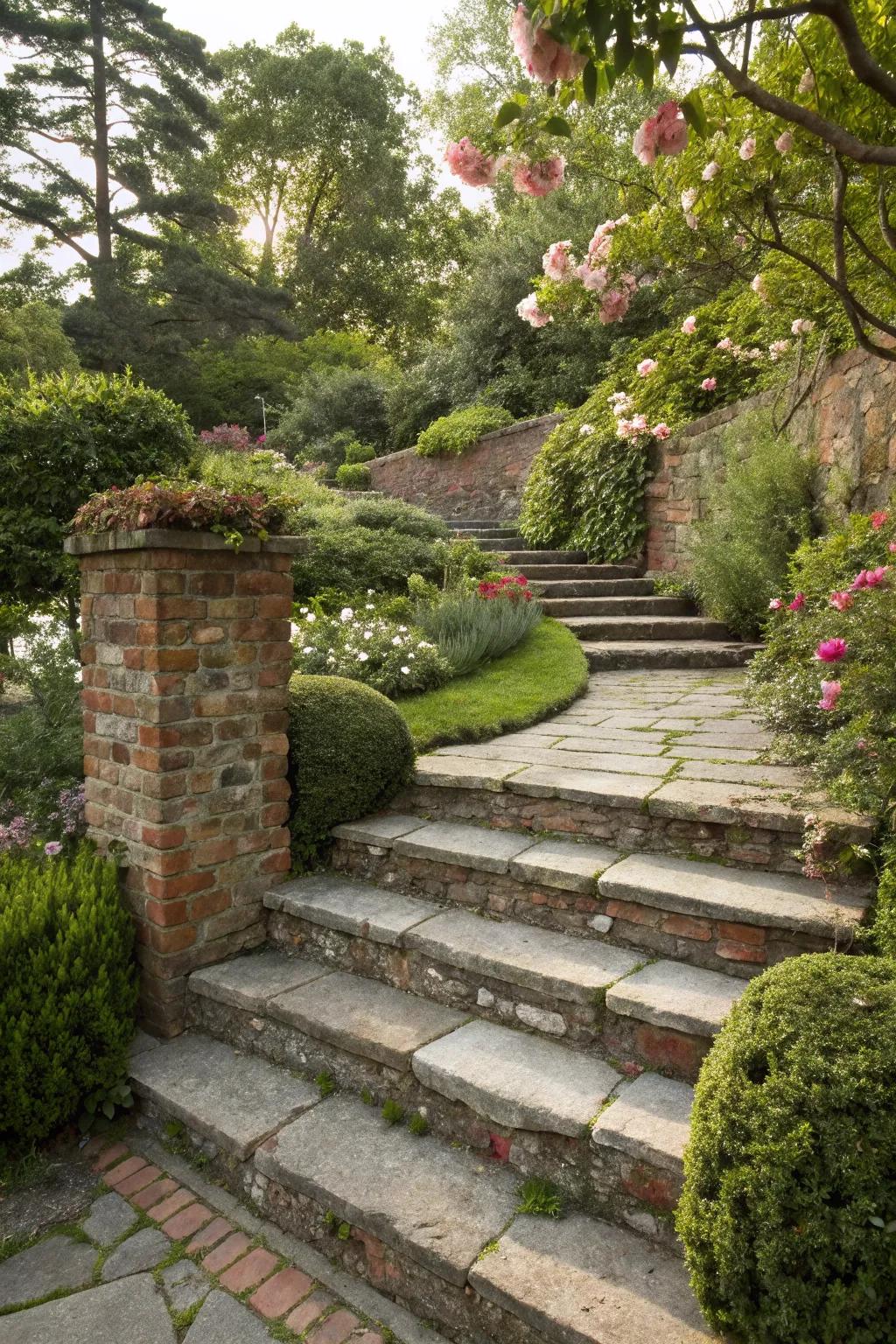 Natural stone and brick elements add elegance to the split-level landscape.