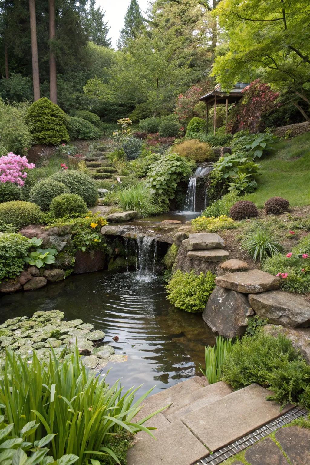 A tranquil water feature enhancing a split-level garden.