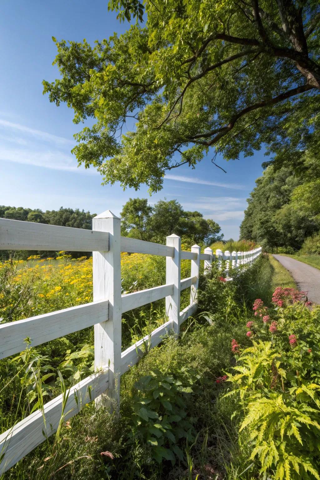 White paint adds a touch of elegance to this split rail fence.