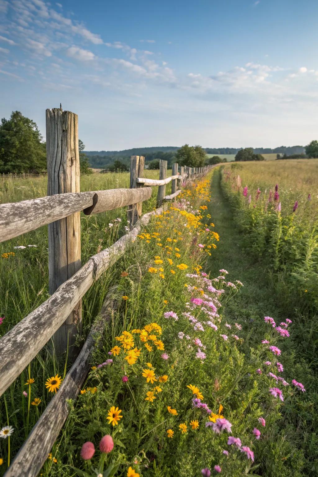Wildflowers along a split rail fence create a vibrant, naturalized garden border.