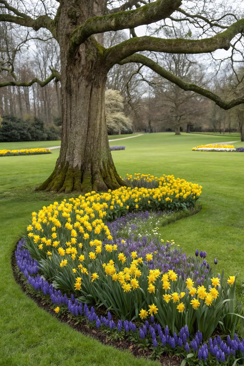 Bulbs encircling a tree for a striking garden feature.
