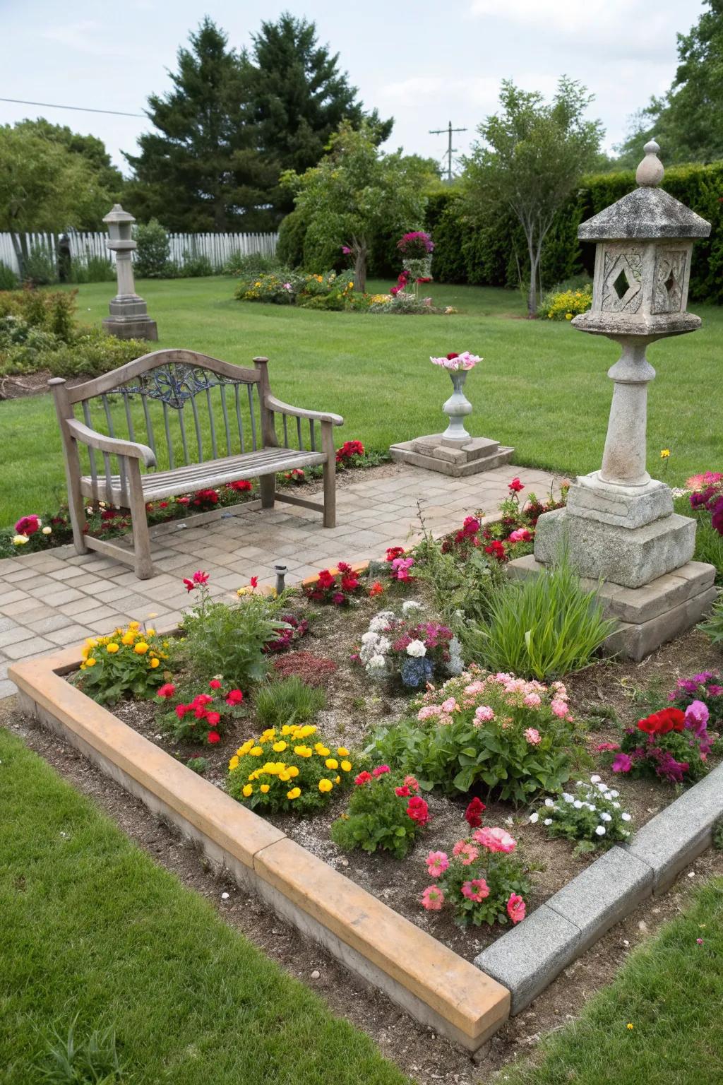 A square flower bed adorned with a bench and decorative elements, adding charm and character.