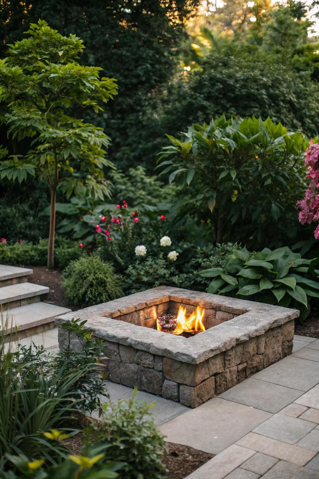 Create a green oasis around your fire pit with lush plants.