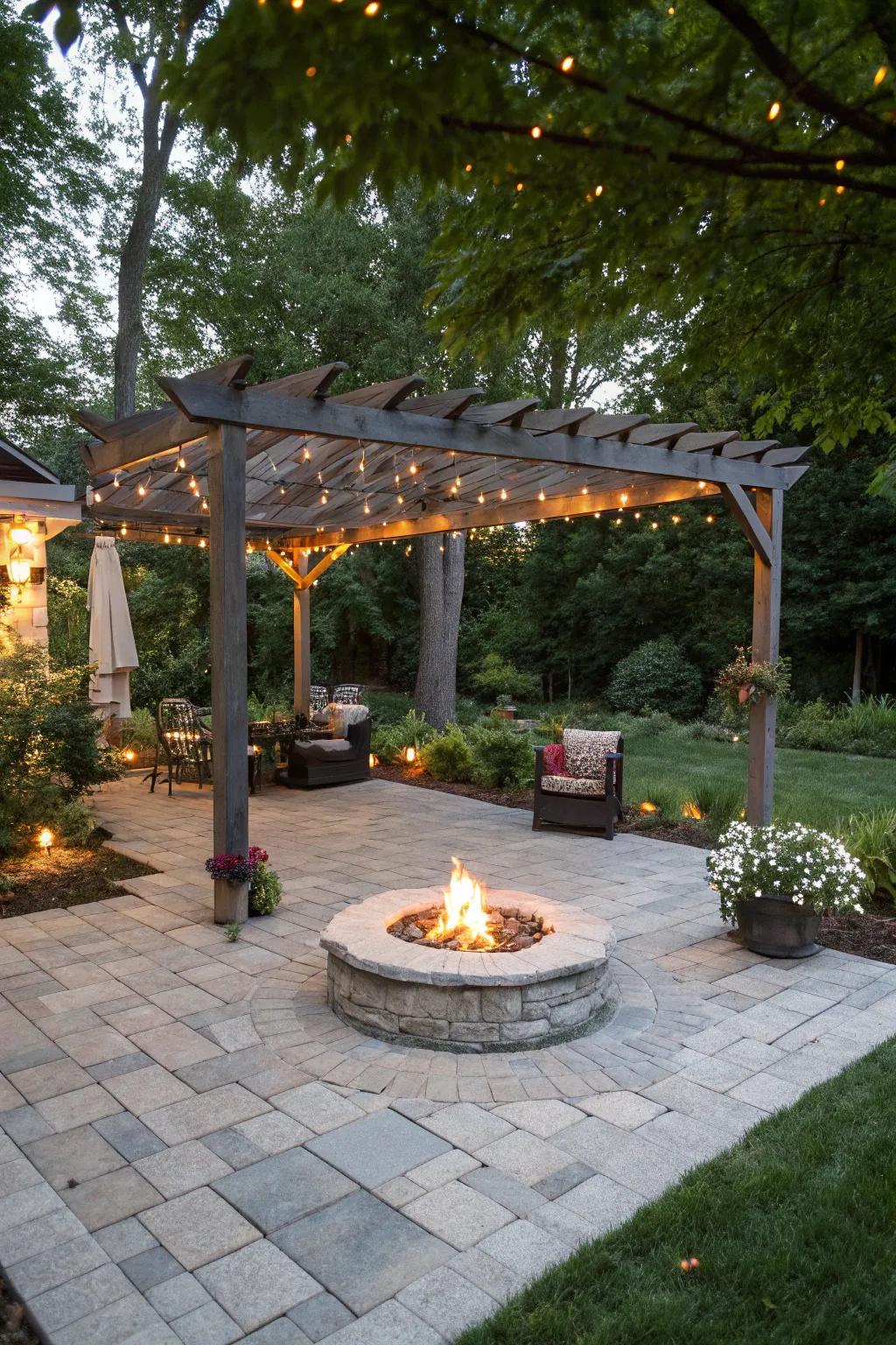 A pergola with lights creates a magical ambiance over your fire pit.