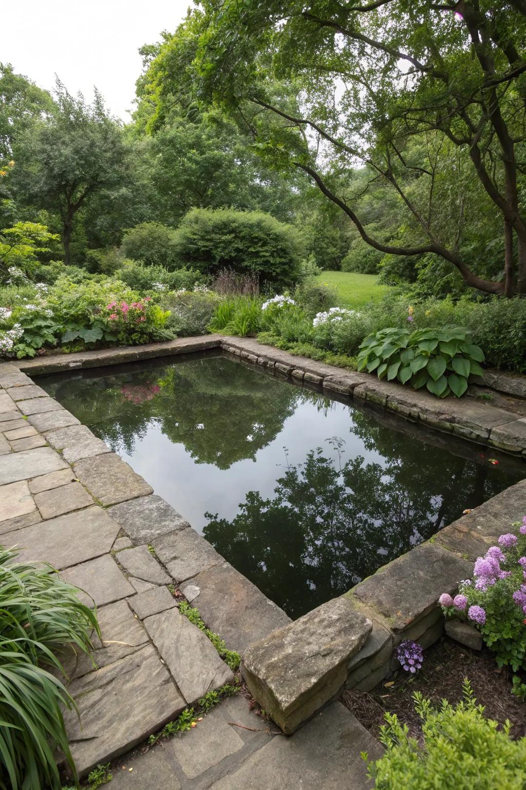 A serene square pond bordered by natural stones for a rustic touch.