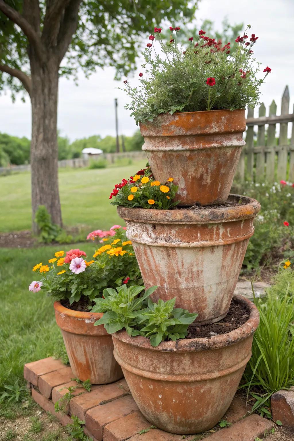 Rustic charm with terra-cotta stacked pots.