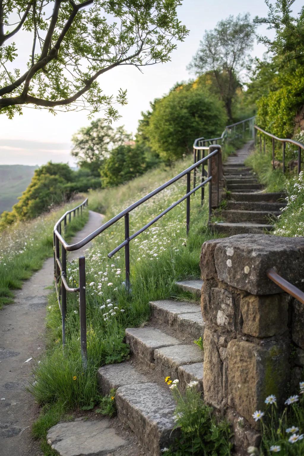 Stone and metal railings blend durability with rustic charm.