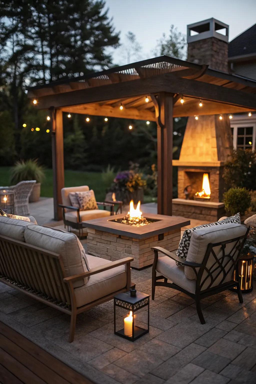 A cozy patio centered around a warm fireplace.