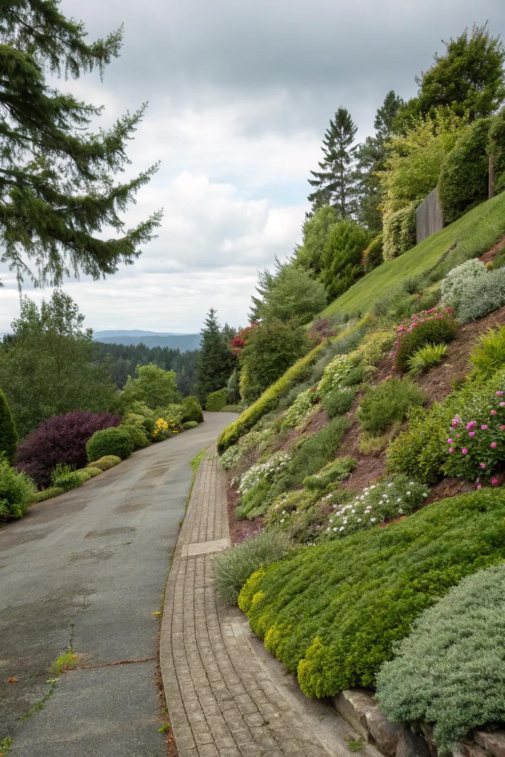 Slope-friendly plants ensure easy maintenance.