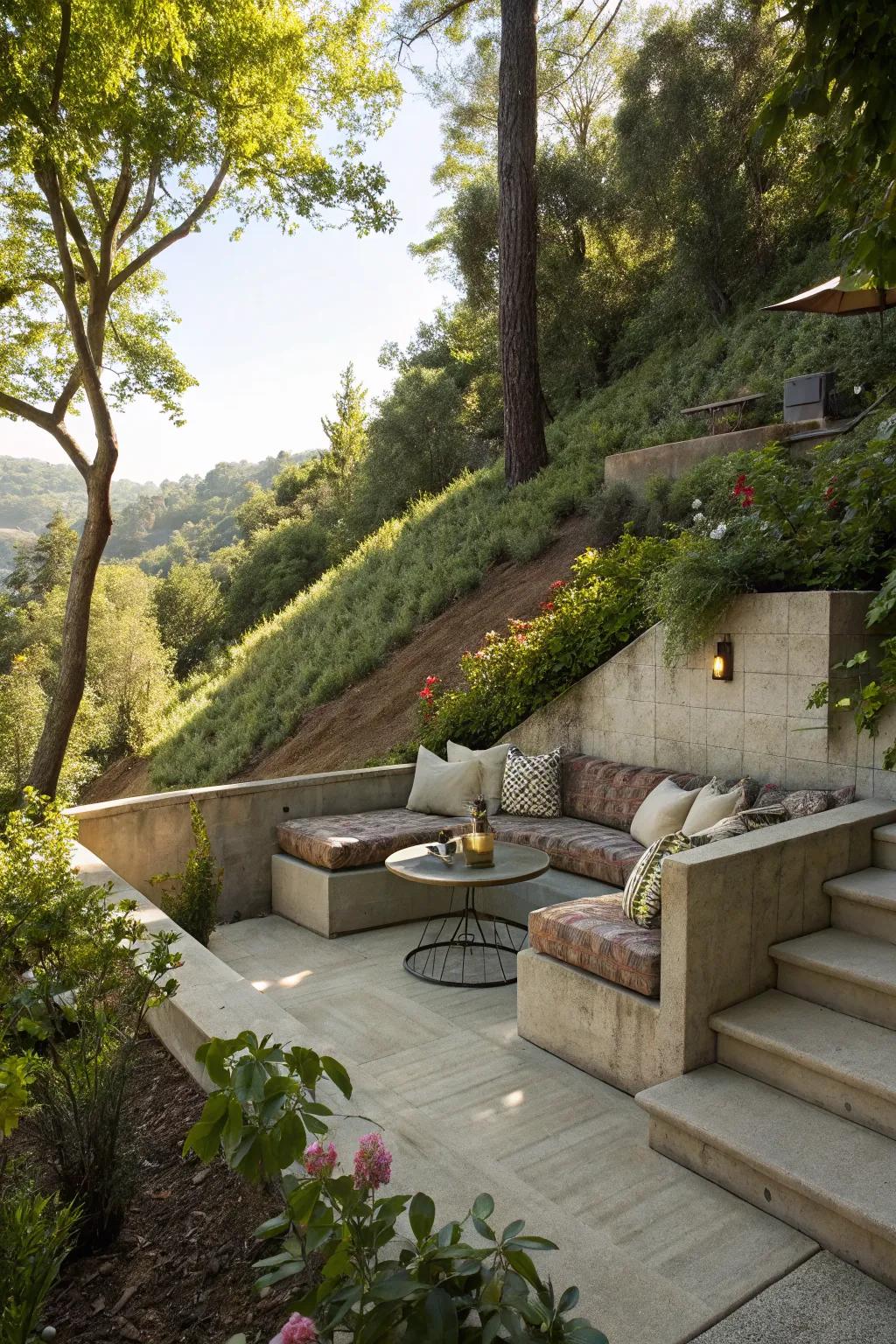 A cozy seating area nestled into a steep garden slope.