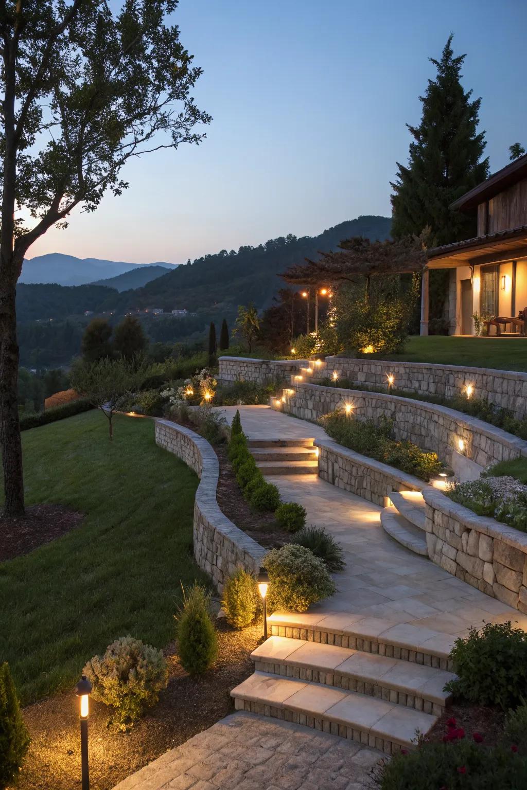 Ambient lighting brings magic to your terraced garden at night.