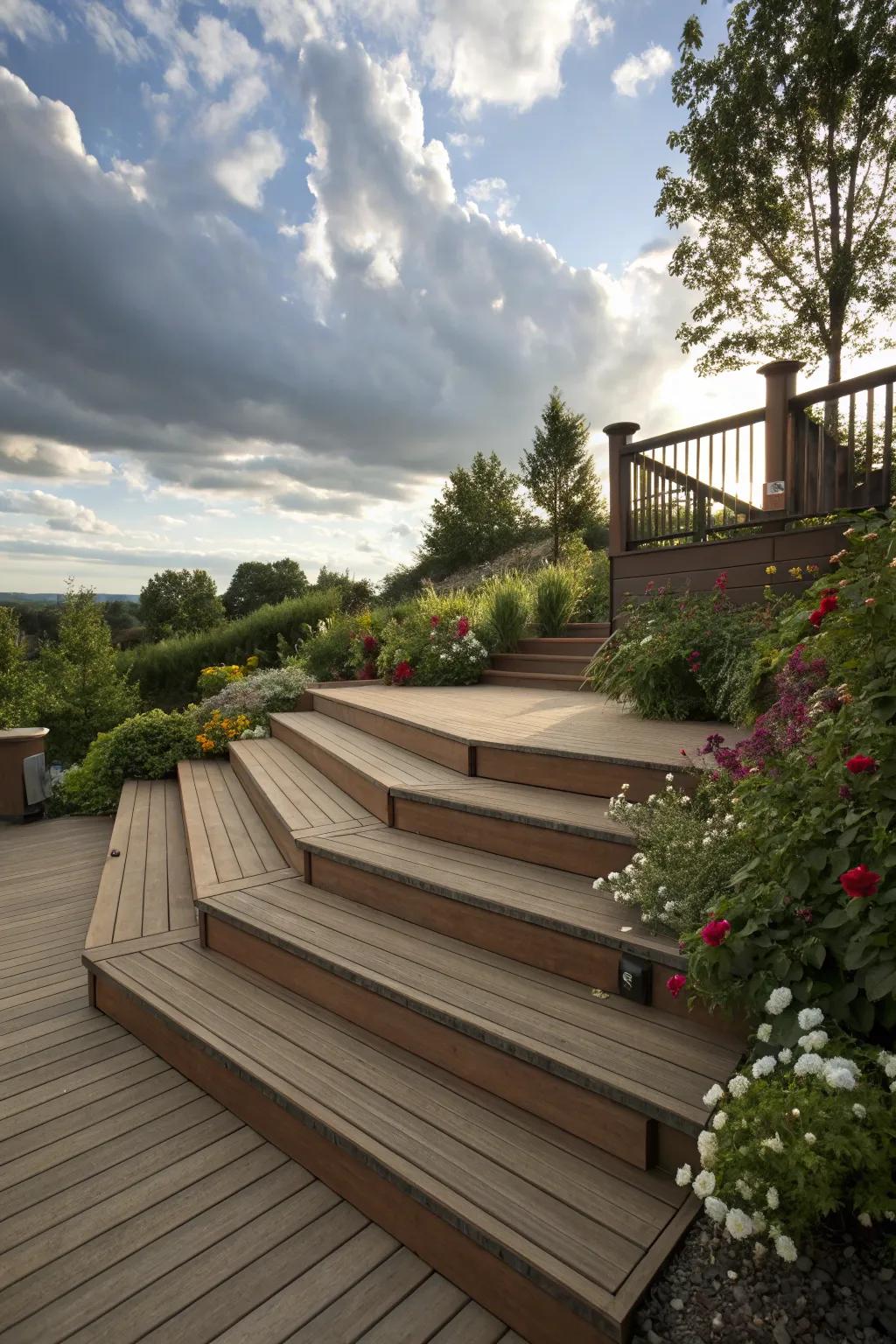 Wide steps can double as additional seating on a deck.